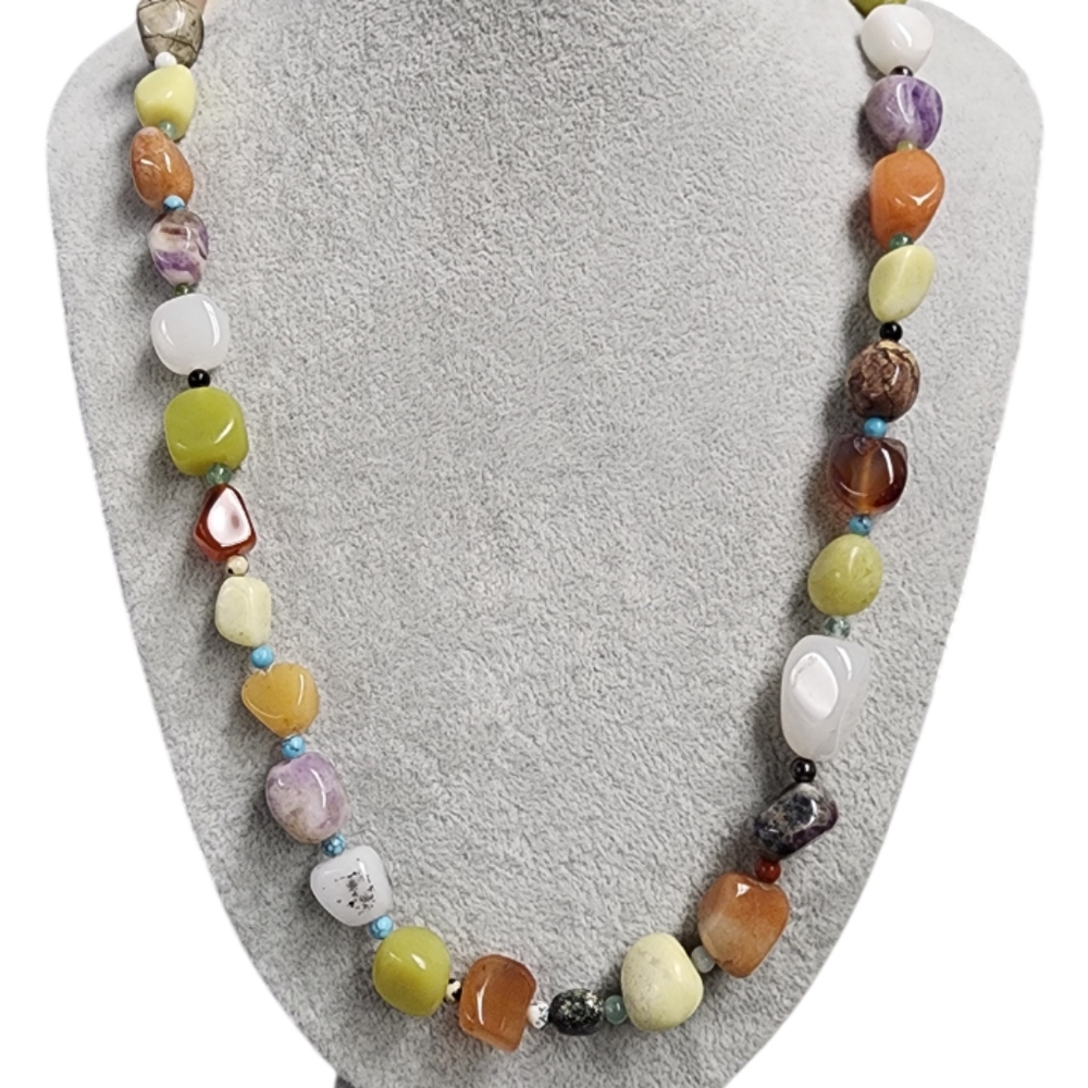 Turquoise, African Amethyst, Blk Agate, Blk Obsidian + More Gemstone Necklace - Picture 2 of 8